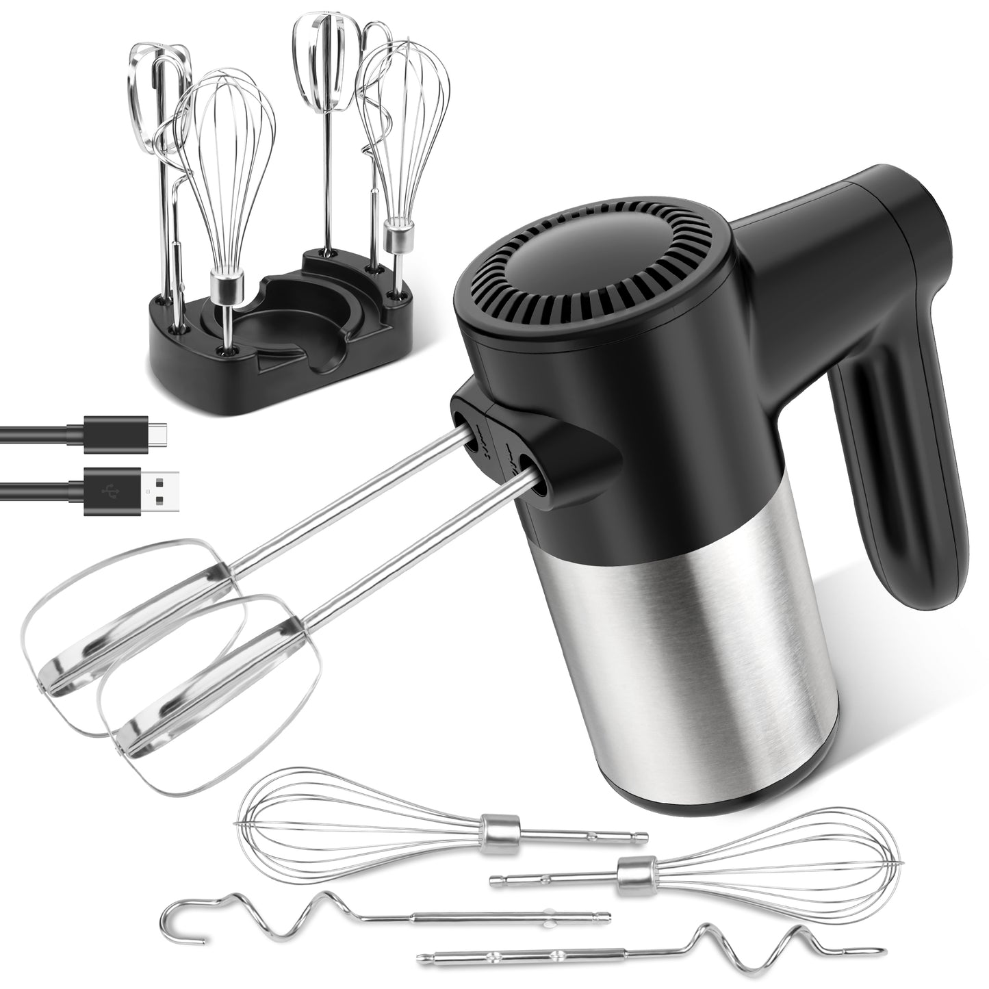 Cordless Hand Mixer, Digital Display 7 Speed Rechargeable Electric Mixer Handheld with Stainless Steel Attachments Whisks Beaters Dough Hooks & Storage Base