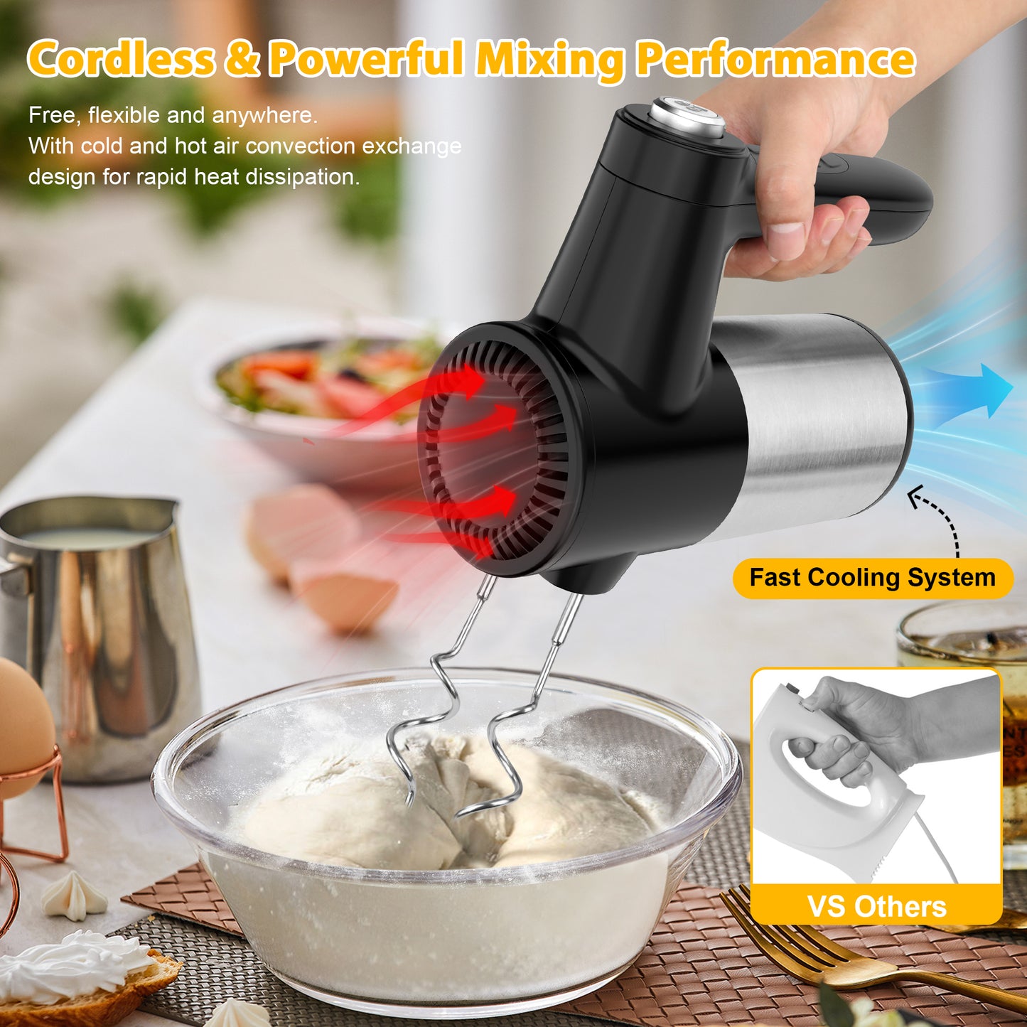 Cordless Hand Mixer, Digital Display 7 Speed Rechargeable Electric Mixer Handheld with Stainless Steel Attachments Whisks Beaters Dough Hooks & Storage Base