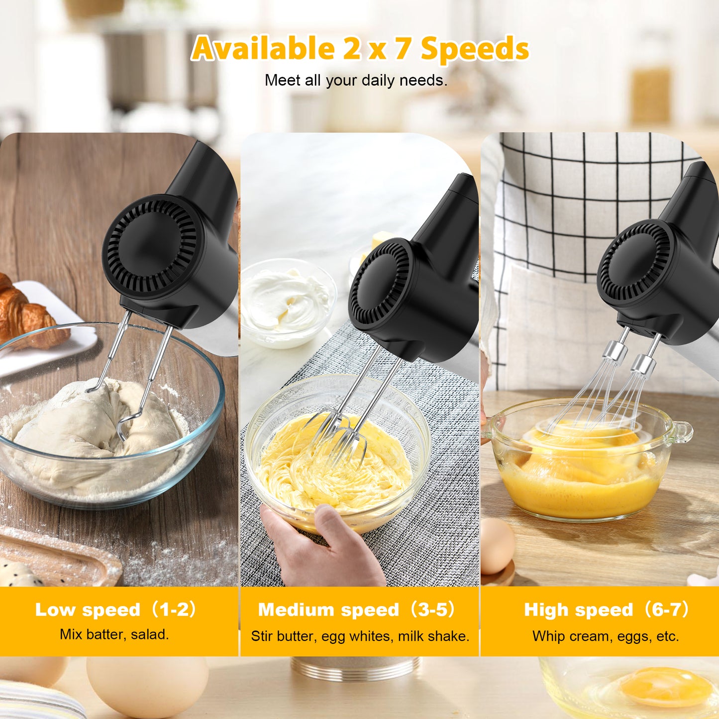 Cordless Hand Mixer, Digital Display 7 Speed Rechargeable Electric Mixer Handheld with Stainless Steel Attachments Whisks Beaters Dough Hooks & Storage Base
