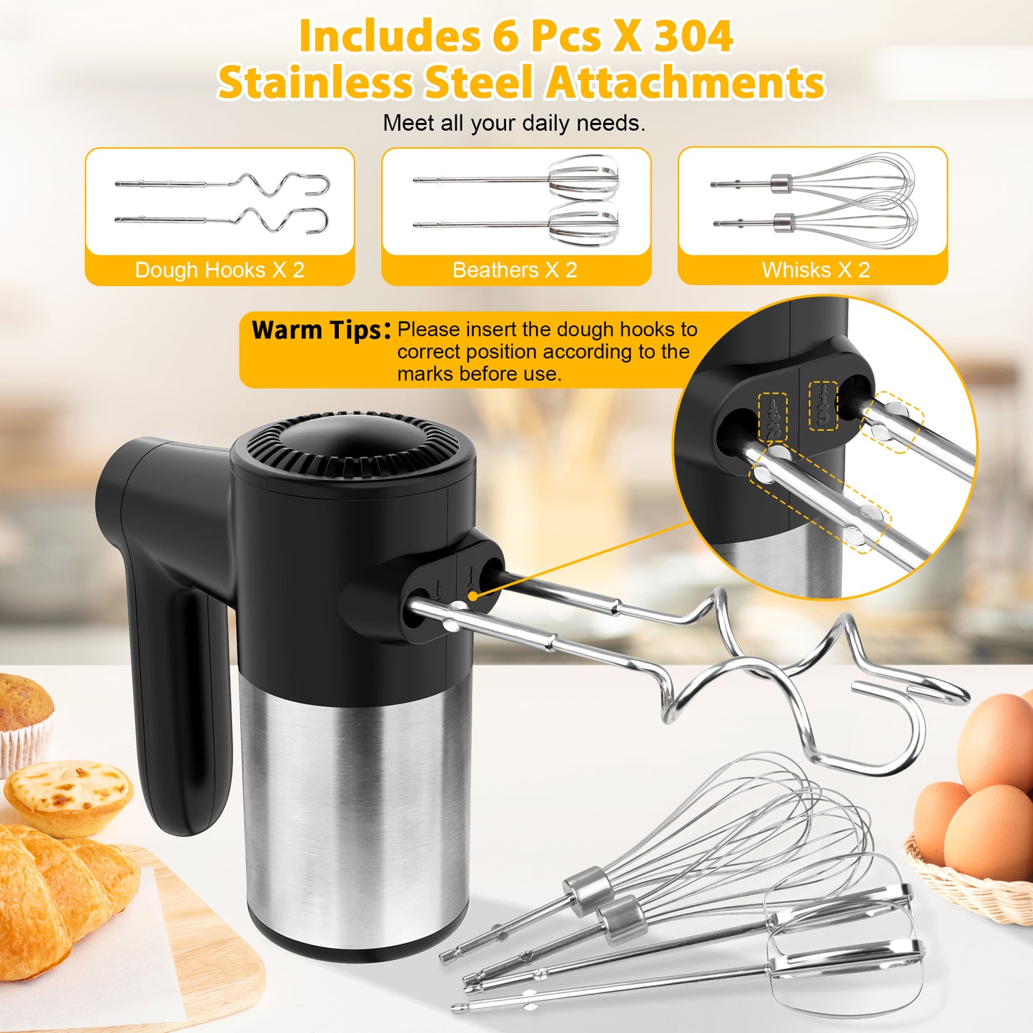 Cordless Hand Mixer, Digital Display 7 Speed Rechargeable Electric Mixer Handheld with Stainless Steel Attachments Whisks Beaters Dough Hooks & Storage Base