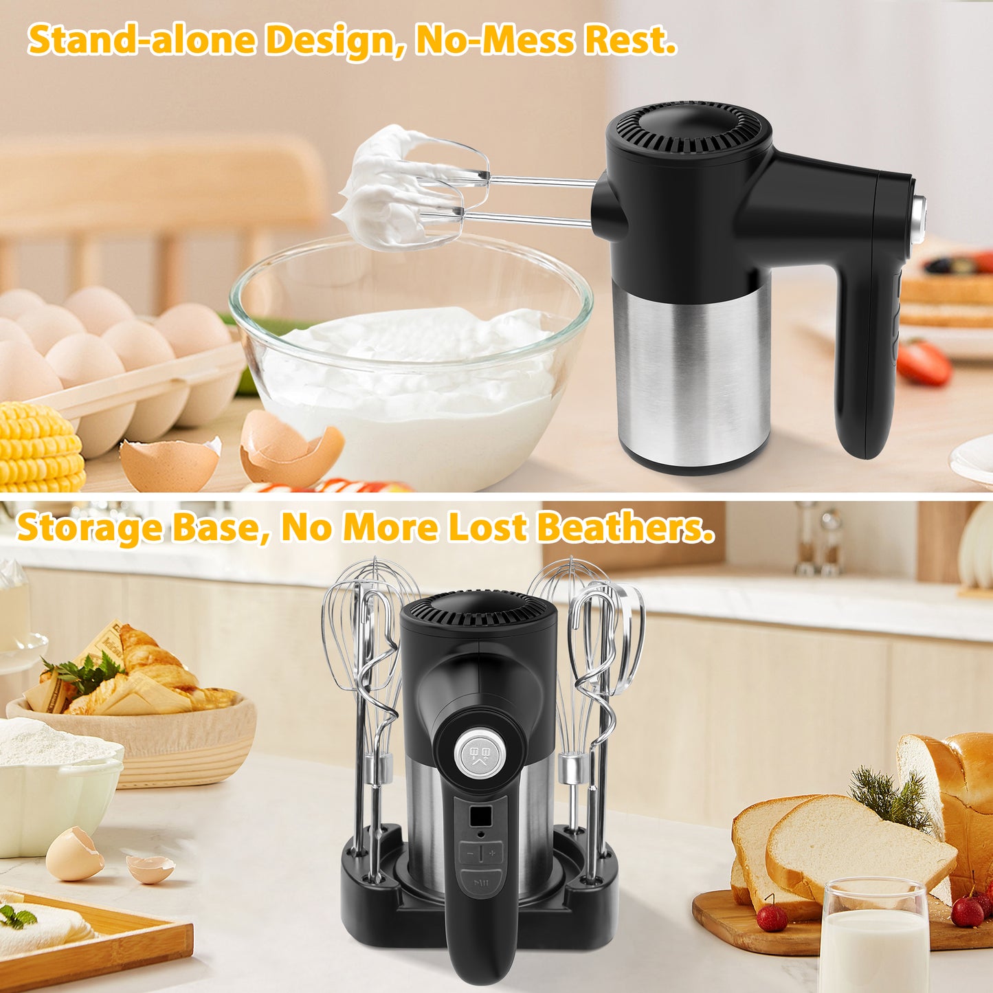 Cordless Hand Mixer, Digital Display 7 Speed Rechargeable Electric Mixer Handheld with Stainless Steel Attachments Whisks Beaters Dough Hooks & Storage Base
