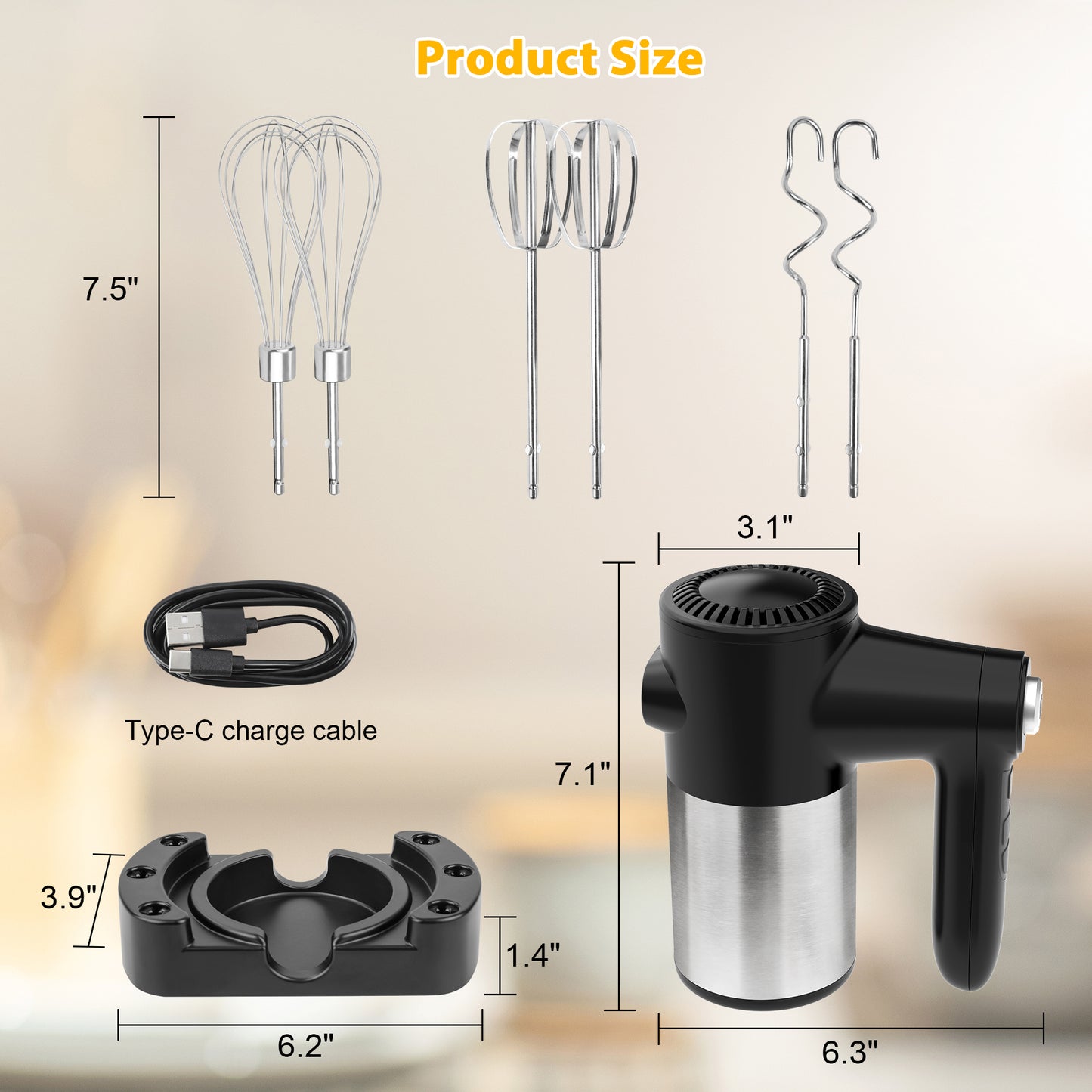 Cordless Hand Mixer, Digital Display 7 Speed Rechargeable Electric Mixer Handheld with Stainless Steel Attachments Whisks Beaters Dough Hooks & Storage Base