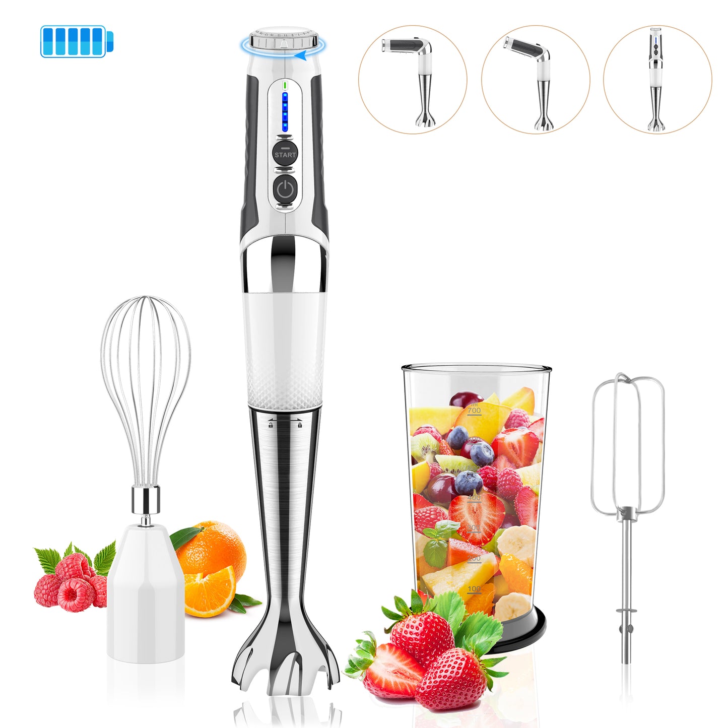 [US Stock]Cordless Immersion Blender Handheld: 3-in-1 Rechargeable Electric Hand Blender Stick, 21-Speeds & 3-Angle Adjustable