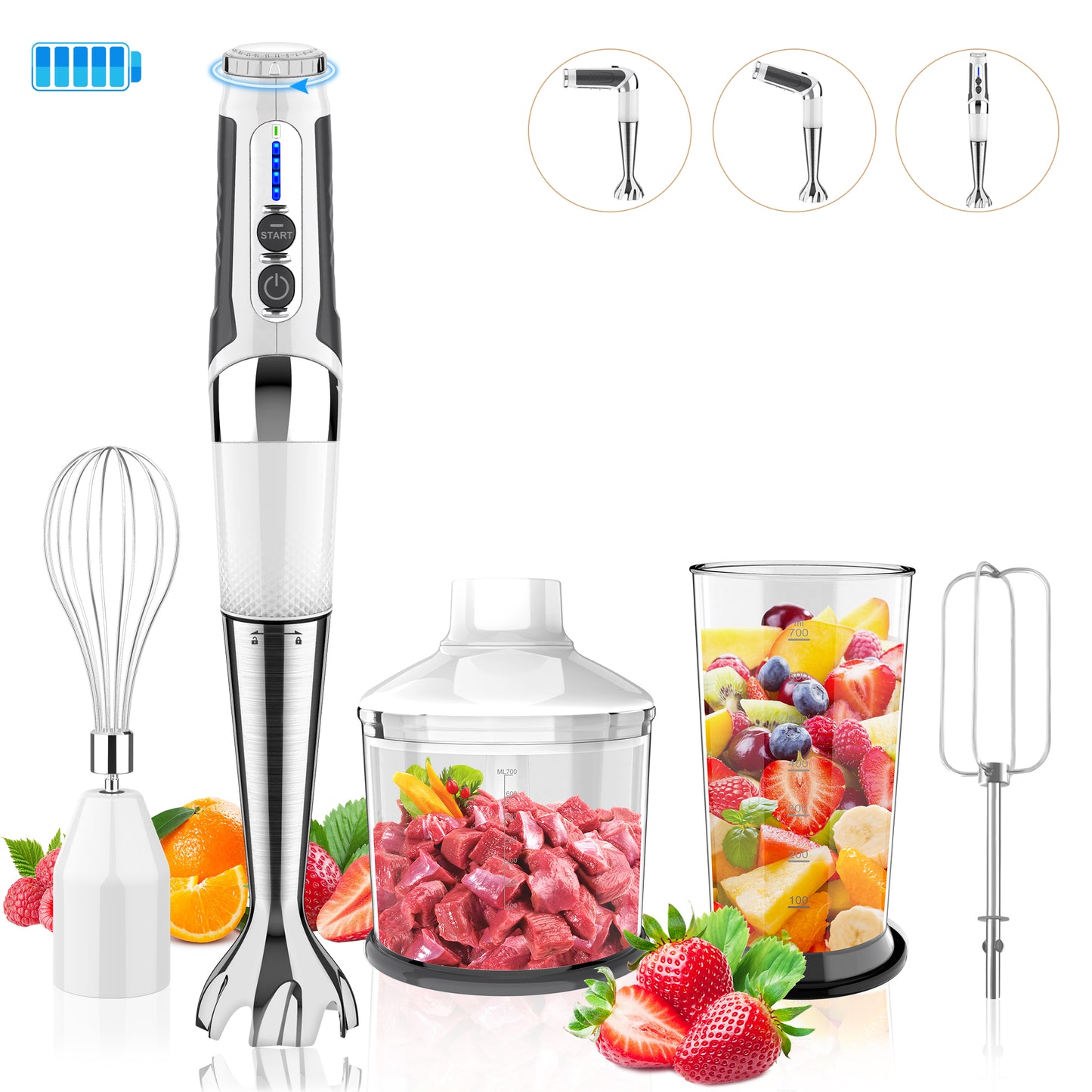 [US Stock]Cordless Immersion Blender 4-in-1 Rechargeable Electric Hand Blender, 21-Speeds & 3-Angle Adjustable with Chopper, 700ml Beaker, Egg Whisk and Beater
