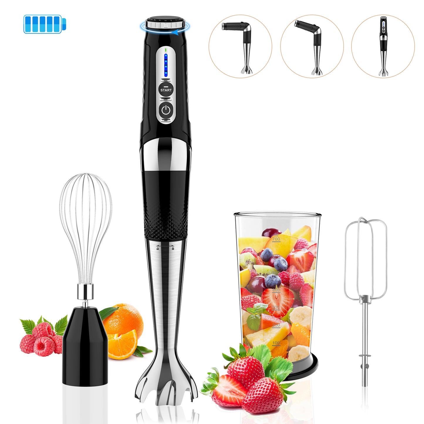 [US Stock]Cordless Immersion Blender Handheld: 3-in-1 Rechargeable Electric Hand Blender Stick, 21-Speeds & 3-Angle Adjustable