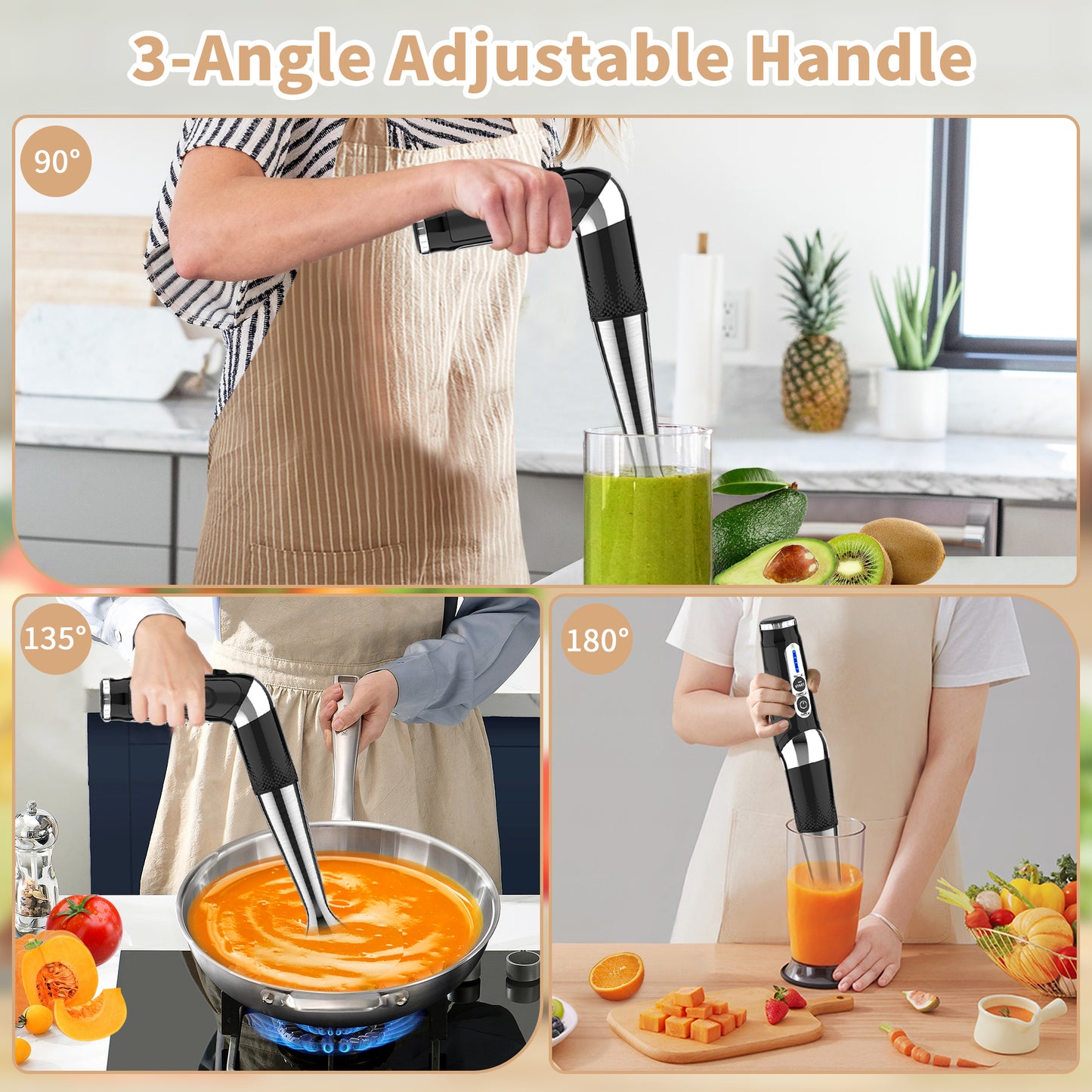 [US Stock]Cordless Immersion Blender Handheld: Powerful Rechargeable Electric Hand Blender, 21-Speed & 3-Angle Adjustable