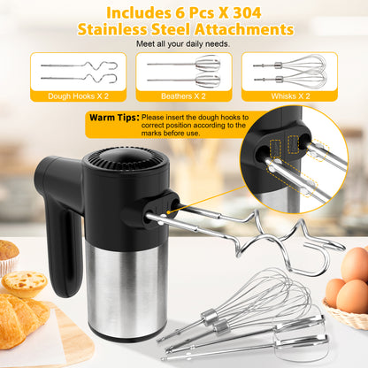 Cordless Hand Mixer, Digital Display 7 Speed Rechargeable Electric Mixer Handheld with Stainless Steel Attachments Whisks Beaters Dough Hooks & Storage Base