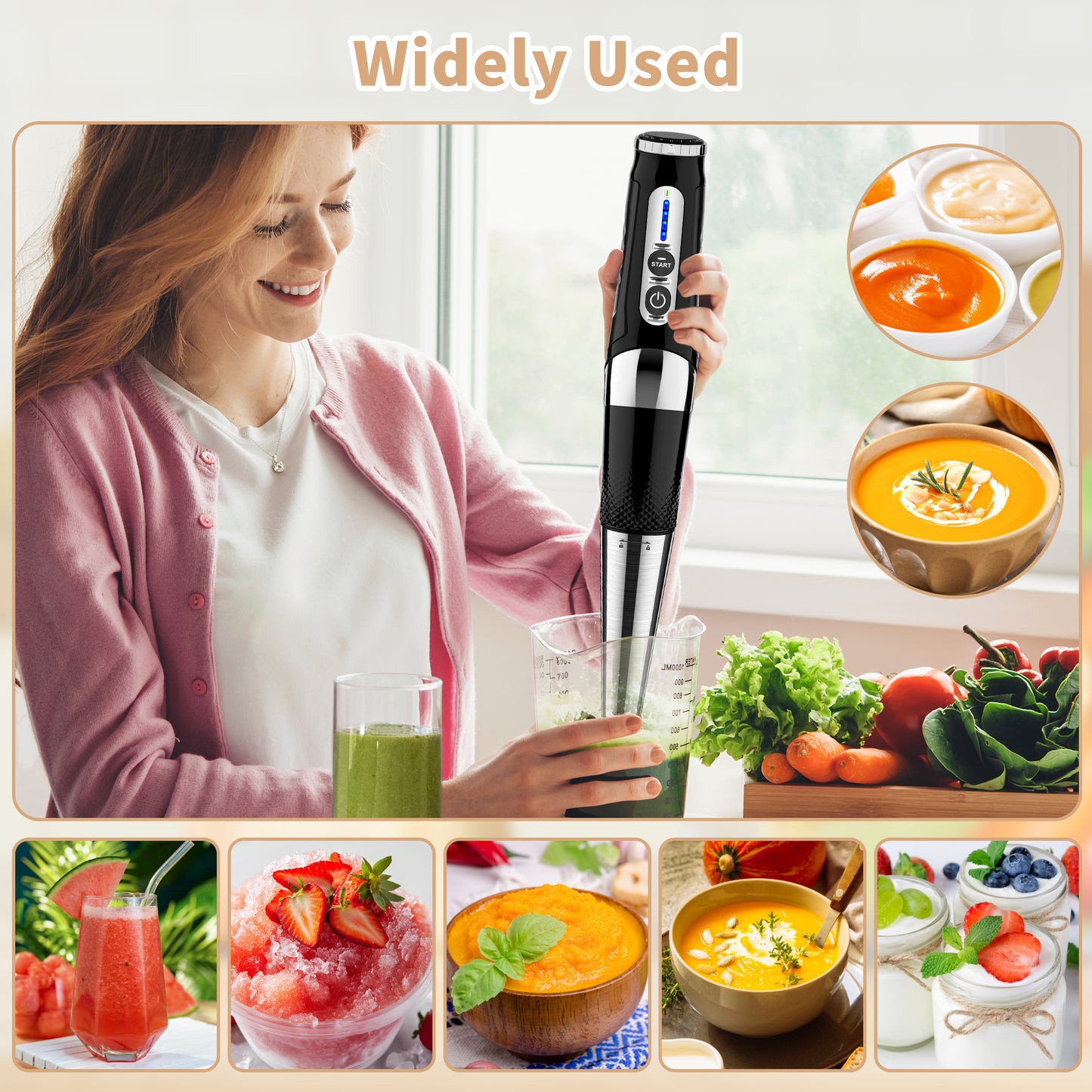 [US Stock]Cordless Immersion Blender Handheld: Powerful Rechargeable Electric Hand Blender, 21-Speed & 3-Angle Adjustable