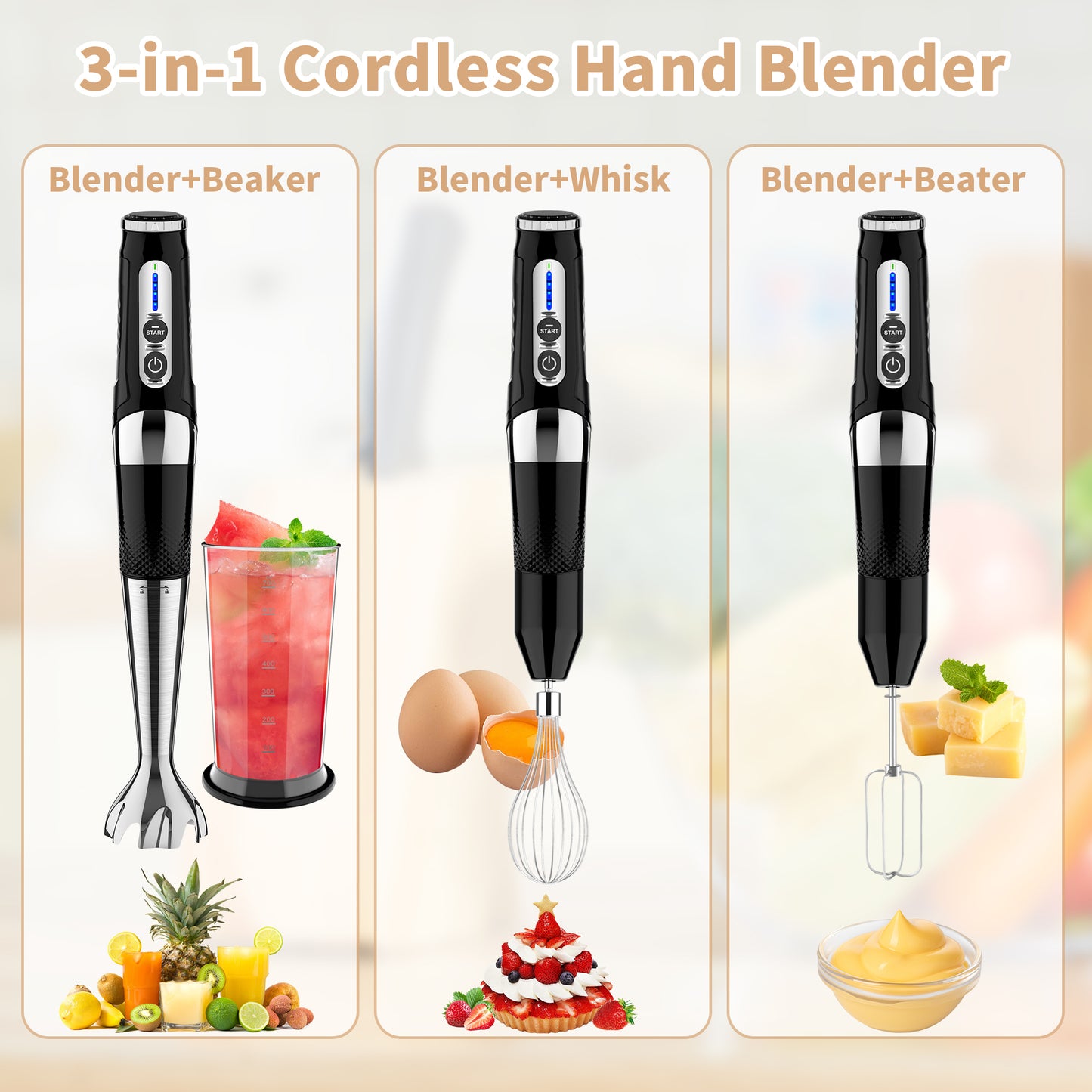 [US Stock]Cordless Immersion Blender Handheld: 3-in-1 Rechargeable Electric Hand Blender Stick, 21-Speeds & 3-Angle Adjustable