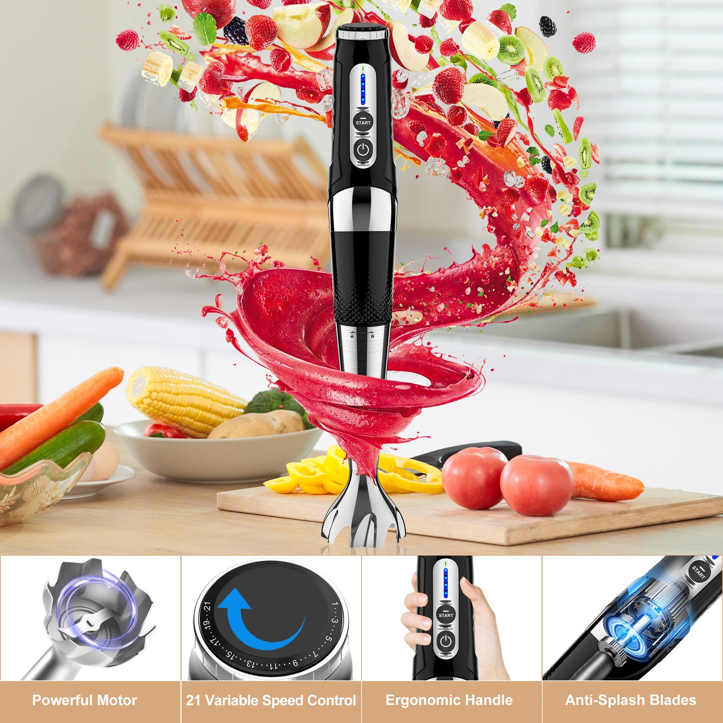 [US Stock]Cordless Immersion Blender Handheld: Powerful Rechargeable Electric Hand Blender, 21-Speed & 3-Angle Adjustable