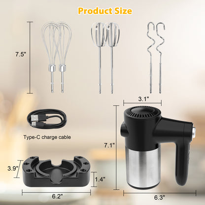 Cordless Hand Mixer, Digital Display 7 Speed Rechargeable Electric Mixer Handheld with Stainless Steel Attachments Whisks Beaters Dough Hooks & Storage Base