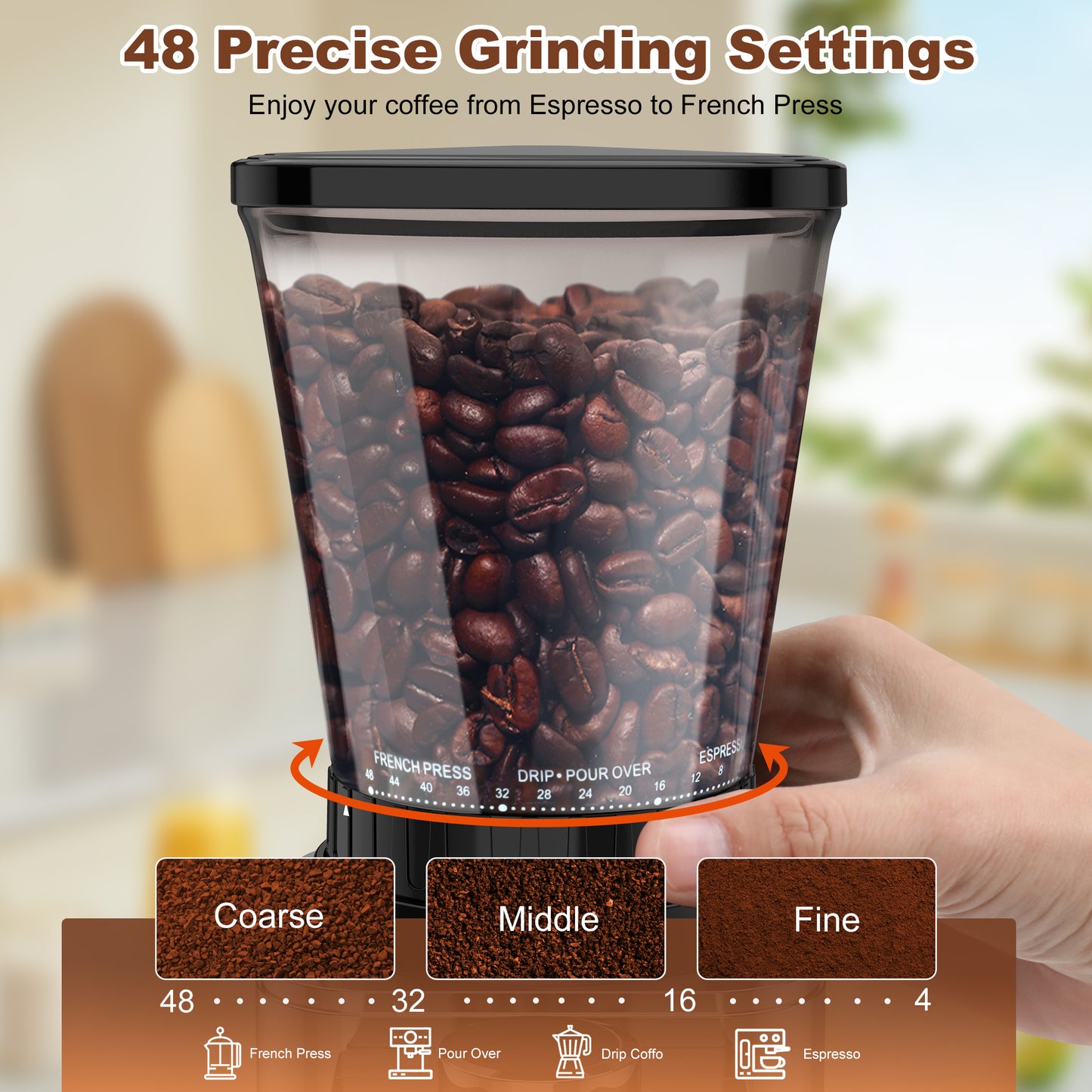 [US Stock]Conical Burr Coffee Grinder Anti-Static Electric Coffee Bean Grinder with 48 Grinding Settings & Precision Timer for Espresso/Drip/French Press