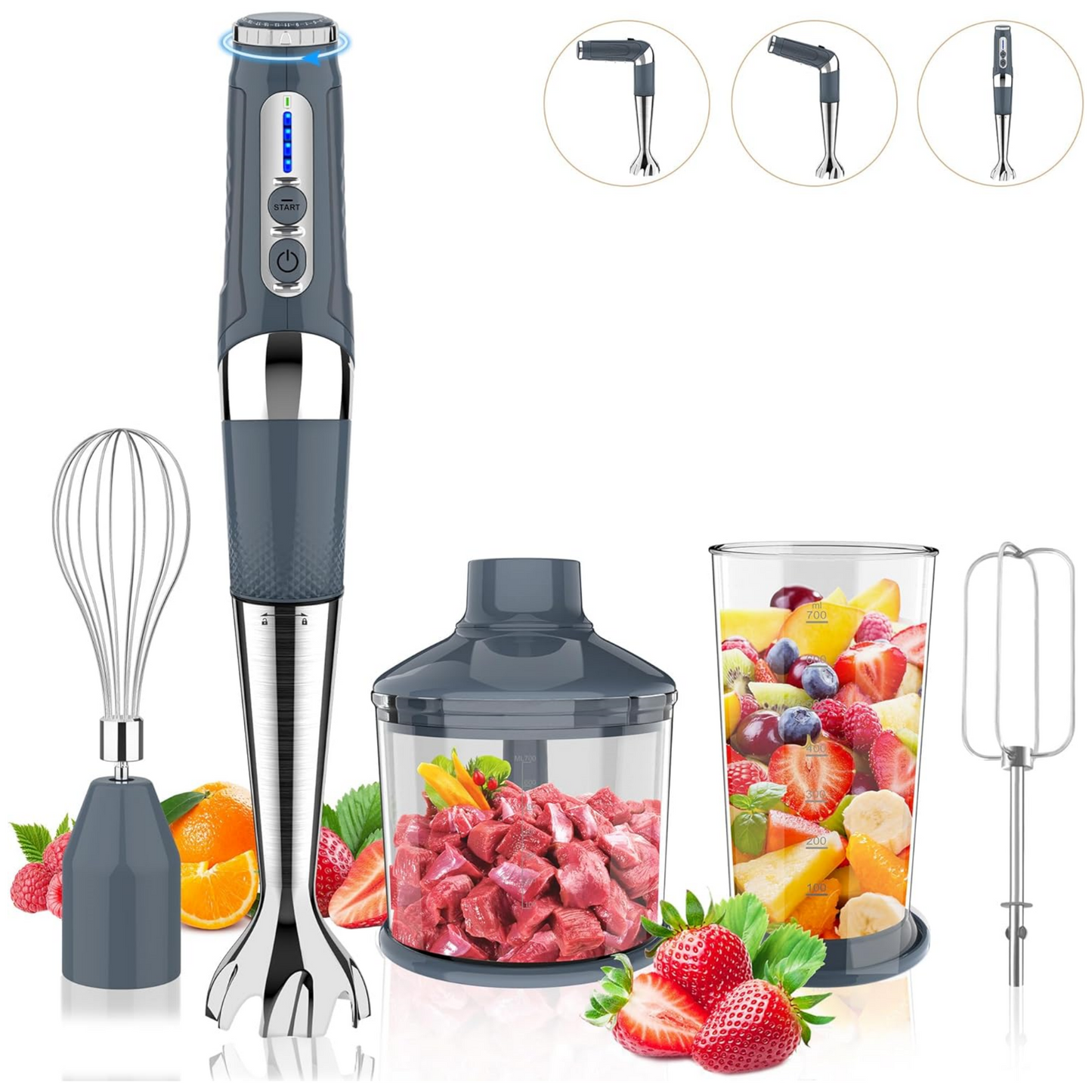 [US Stock]Cordless Immersion Blender 4-in-1 Rechargeable Electric Hand Blender, 21-Speeds & 3-Angle Adjustable with Chopper, 700ml Beaker, Egg Whisk and Beater