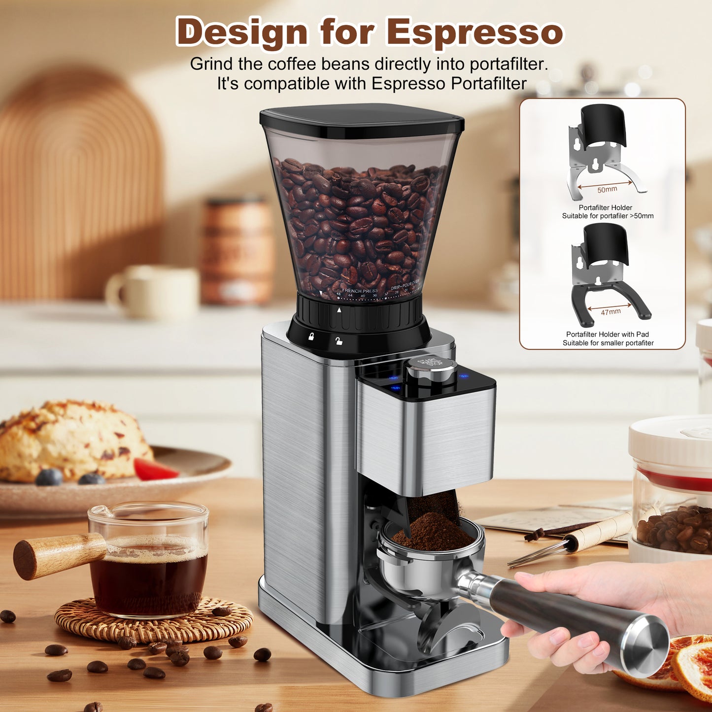 [US Stock]Conical Burr Coffee Grinder Anti-Static Electric Coffee Bean Grinder with 48 Grinding Settings & Precision Timer for Espresso/Drip/French Press